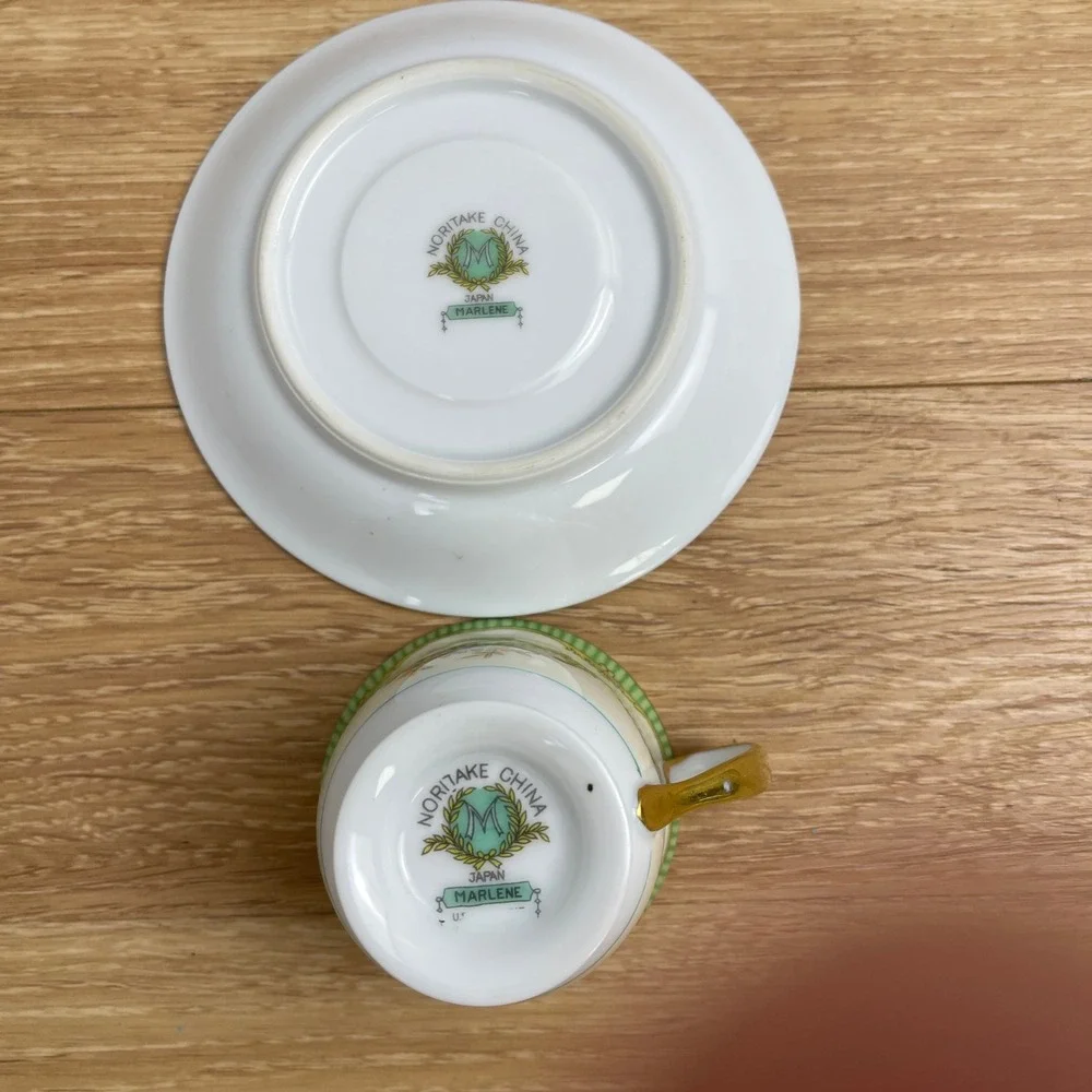 Noritake Marlene Demitasse Cup and Saucer Set Green Lattice Floral Gold Japan